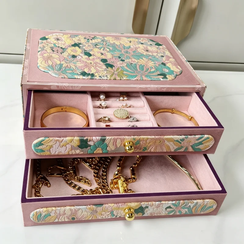 Double Layer Velvet Jewelry Storage Box, Organizer for Earring Ring Necklace Bracelet, Retro China-Chic Gift Box for Jewelry
