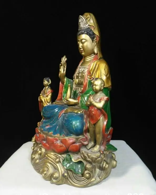 30CM Tibet Buddhism Bronze painting Lotus SongZi Guanyin Kwan-yin Bodhisattva Statue