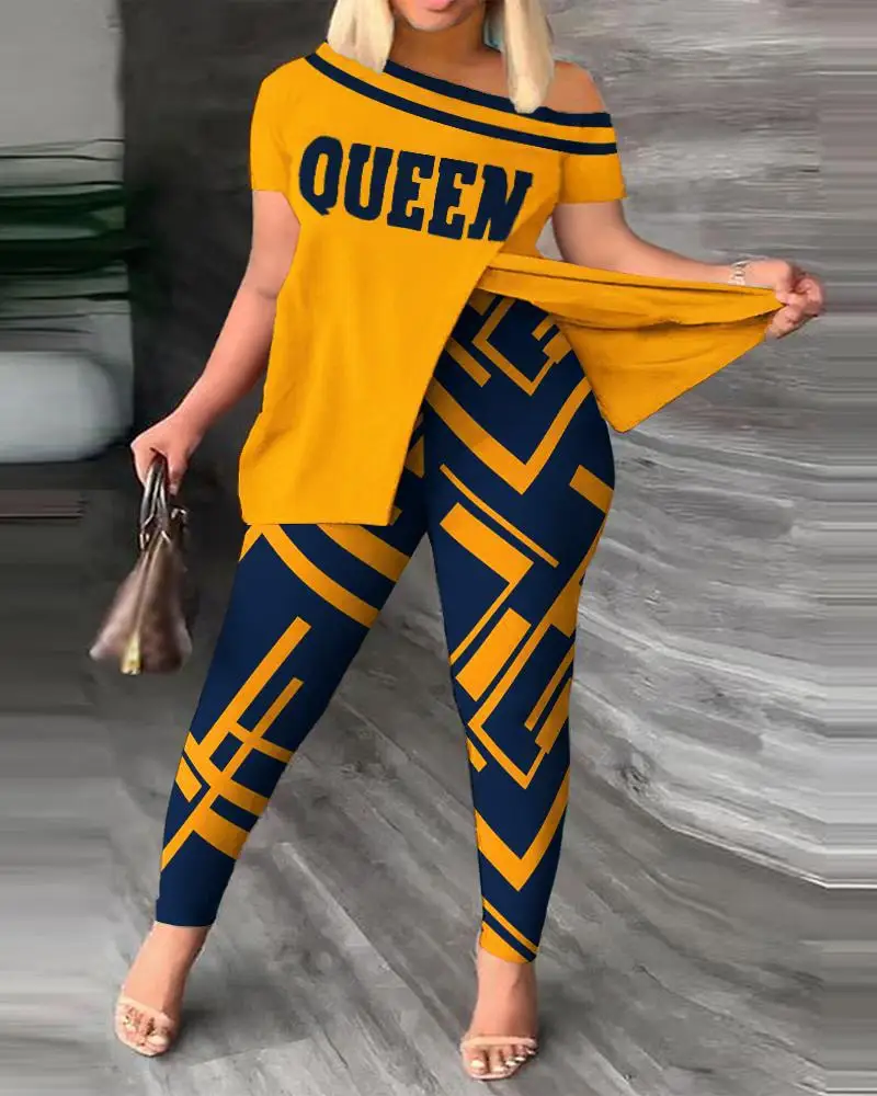 Women\'s Sets Summer Fashion Geometric Print Short Sleeve Office Suit Casual Sporty 2Pcs Set One-Shoulder Split Hem Tops+Pants