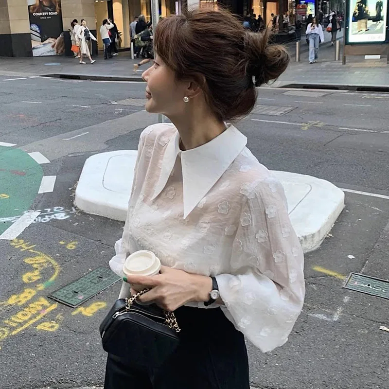 Loose Casual Long Sleeved Top French Gentle Irregular Jacquard Shirt Blusas Femininas Elegantes White Chiffon Shirts Chic Blouse