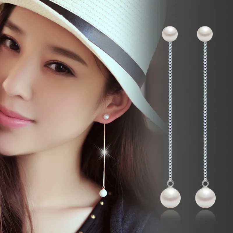 Luxury Solid 925sterling Silver Long Tassel Double Sides Pearl Ball Drop Earrings for Women Korean Earrings Jewelry Pendientes