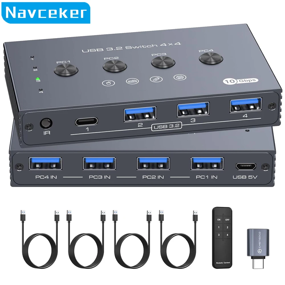 Navceker 10 Gbit/s 4 Eingänge 4 Ausgänge USB-Switch-Wahlschalter 4x4 KVM-Switcher 3.2 Hub 2 PC 4 Hosts Teilen Sie 4 USB-Geräte für Tastaturdrucker