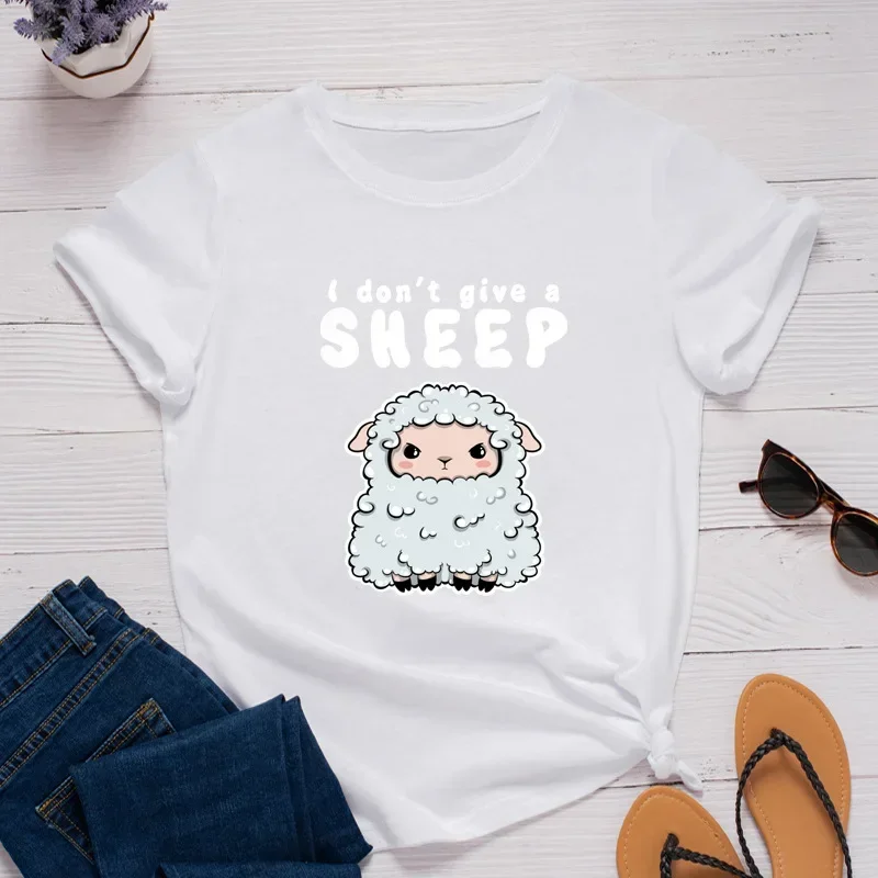 I Don't Give A Sheep Print Women T-shirt O Neck Short Sleeve T Shirt Cartoon Print Loose Streetwear Ladies Casual Clothing Tops