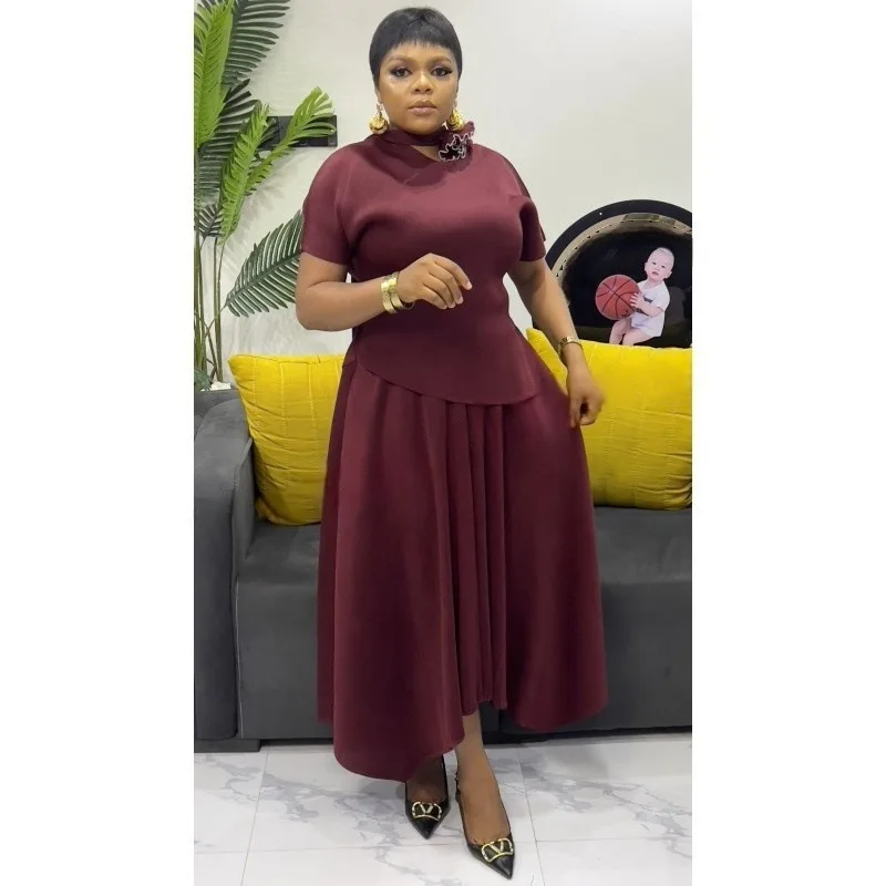 

African Plus Size Stretch Clothing Short Sleeve Top Skirt Set Elegant Temperament Casual Loose Middle East Women Elegant Wear