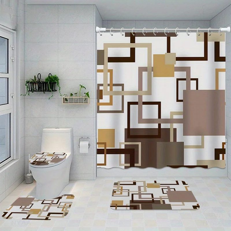 

4 шт., комплект занавесок для душа с геометрическим узором, водонепроницаемая занавеска для душа с 12 крючками, нескользящий коврик для ванной комнаты, U-образный коврик для унитаза, т