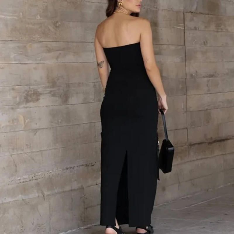 Hxao sem alças vestidos brancos mulher festa verão preto vestido longo feminino espartilho ruched sem costas sexy vestido midi vestidos sólidos 088