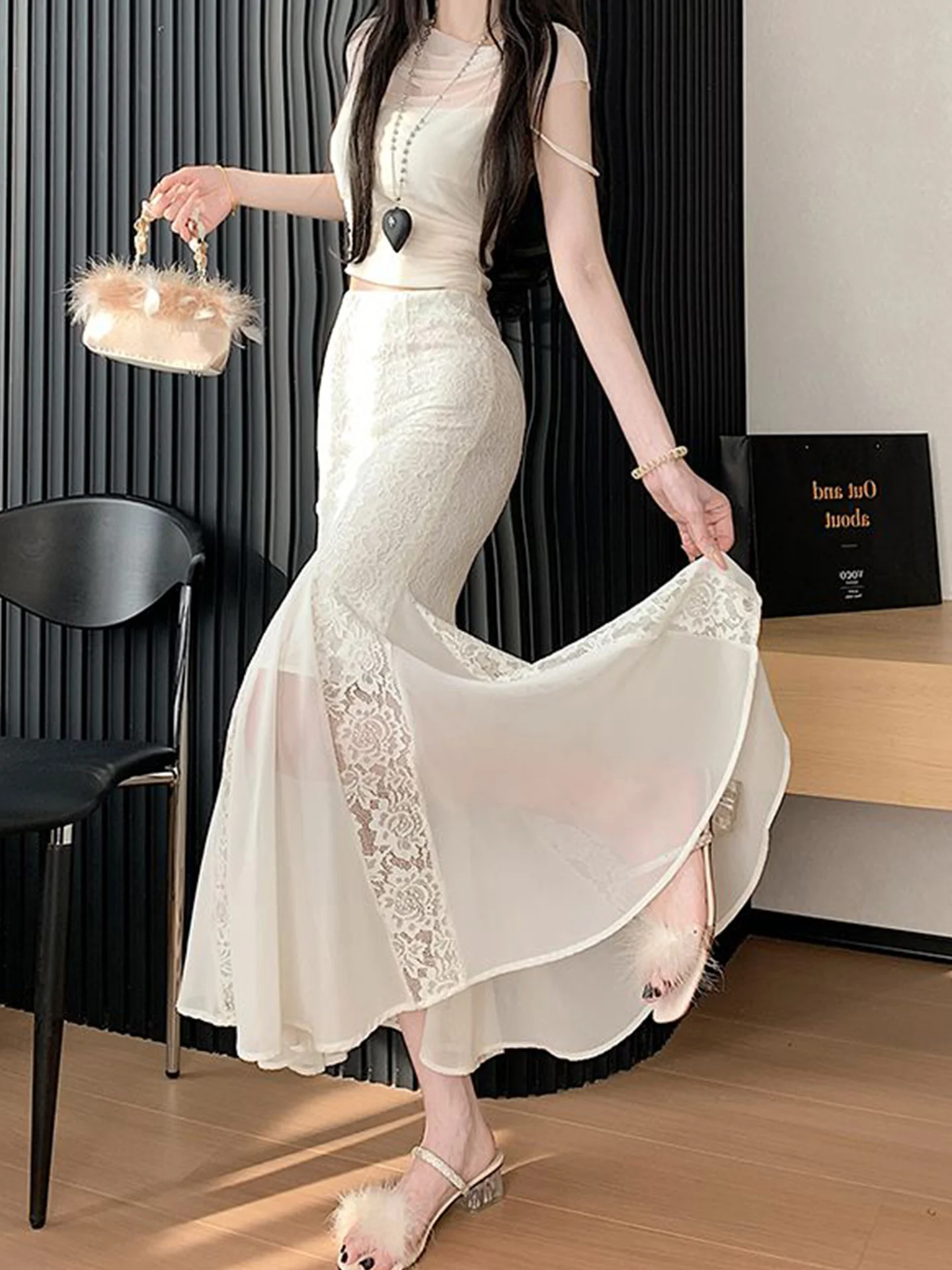 

High Waist Lace Fi Tail f Skirt Asymmetrical A-Line Bodycon Long Skirts Korean Sle Me Splicing Design Slimming Effect