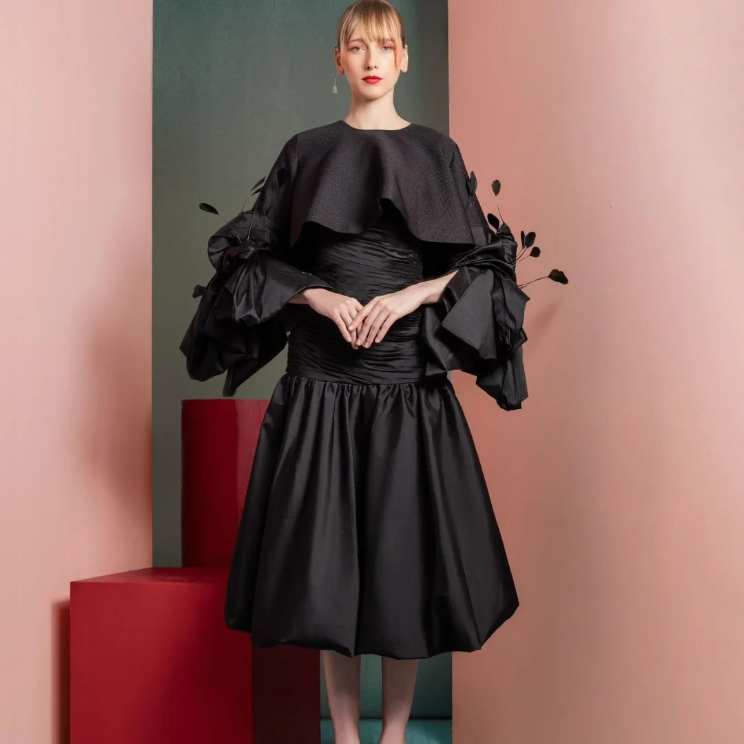 

Customized Fashion Jersey A-Line Feathers Evening Dresses Long Sleeves Crew Neck Zipper Back Black Special Occasion Go