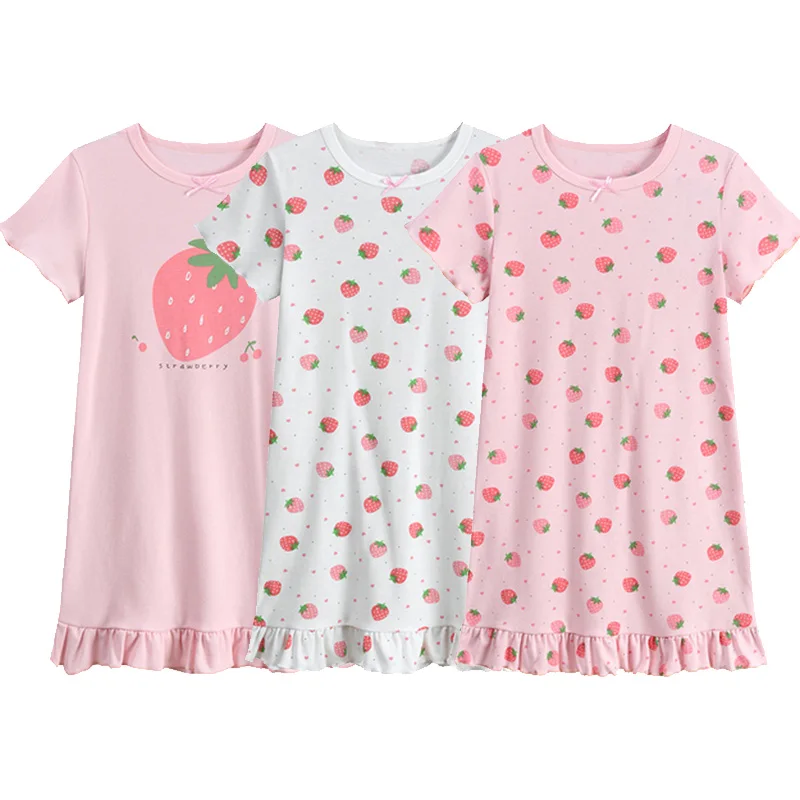 Little Hand Girl's  Short Sleeve Nightgowns Cotton Sleep Shirts Sleepwear Strawberry Print SleepDress Summer Pajama for Kids3‑10