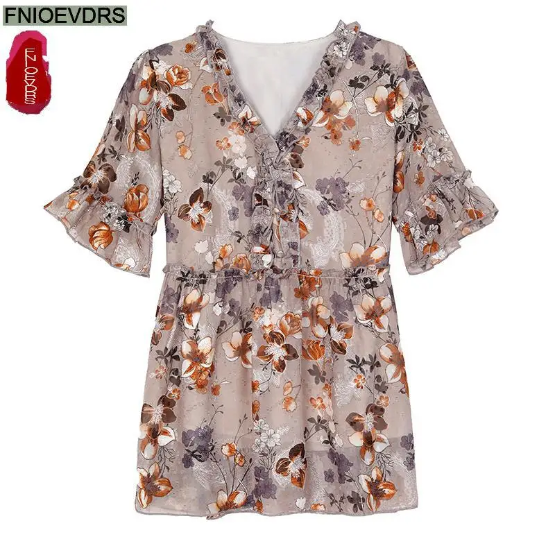 M-3XL Loose Clothes 2024 Women European Fashion Elegant Flower Print Floral Bow Tie Casual Tunic Belly Peplum Tops And Blouses