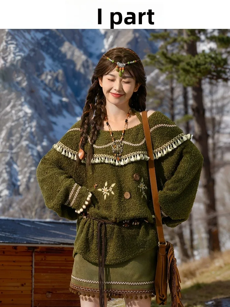 

Оригинальный этнический свитер с кисточками и подвесными бретелями на одно плечо, свободный женский милый свитер