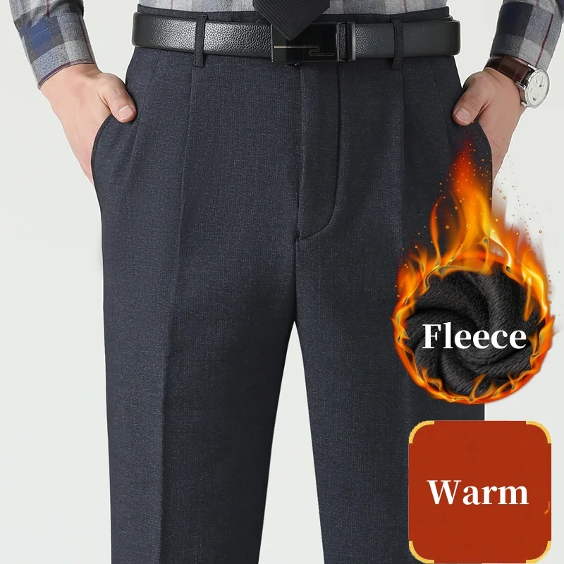 Thicken Fleece Winter Suit Pants Men Clothing Velvet Double Pleated British High Waist Loose Dress Trousers Man Size 44 46 48