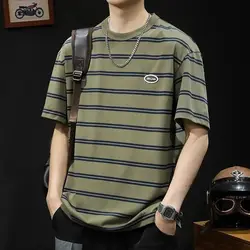 2024 Men's Summer New Pullover O-Neck Spliced Striped Contrast Color Fashion Loose Casual Versatile Short Sleeve T-Shirts Tops