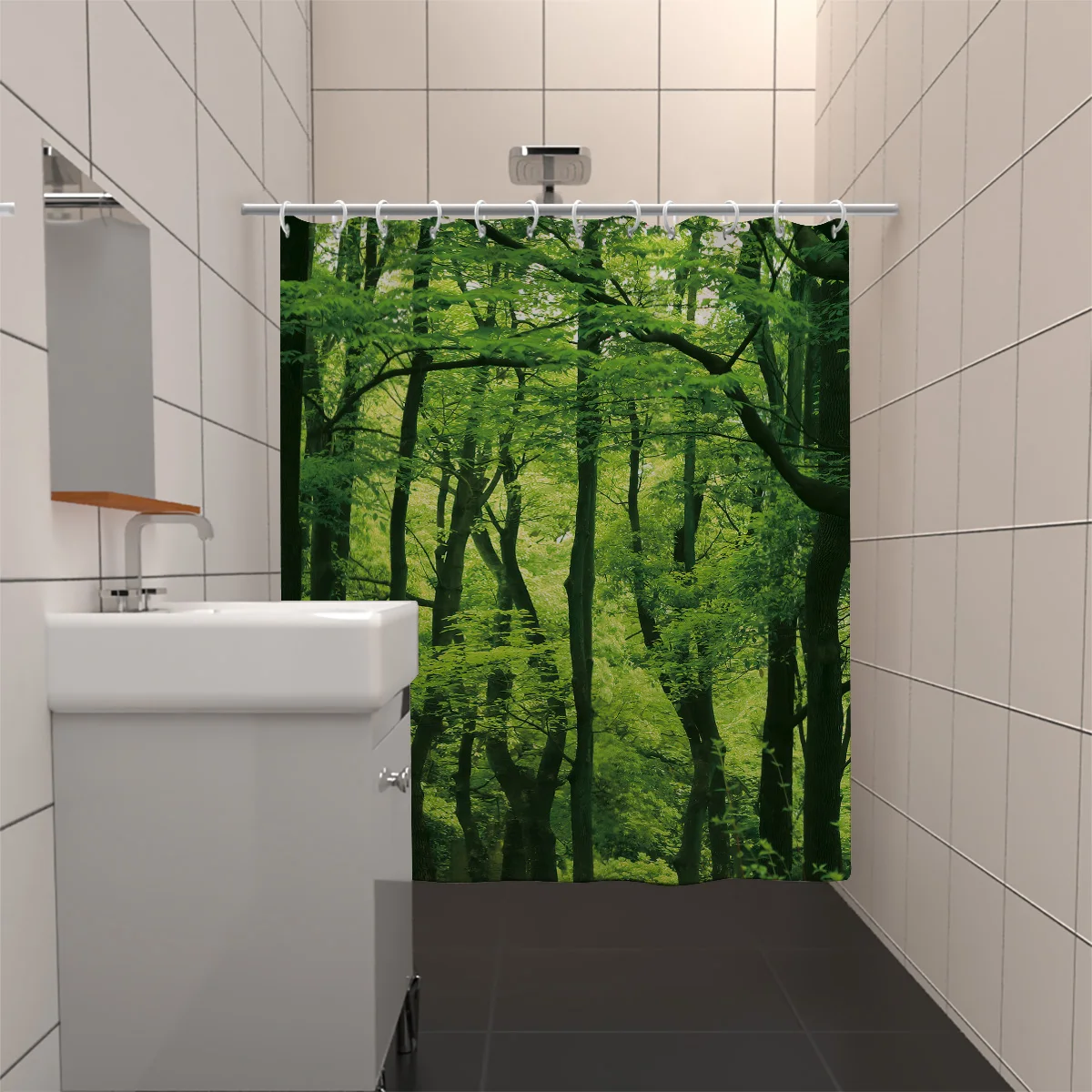 1PC naturally green forest printing, waterproof, mildew, resistance, hook, machine washing, bathroom shower curtain