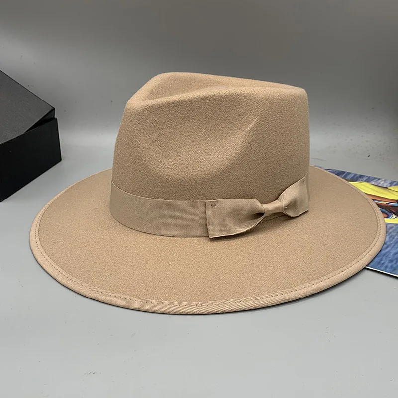 European Style Tapered Wool Felt Hat Wide Brim Vintage Jazz Hat with Satin Ribbon Warp Knitted Solid Color​