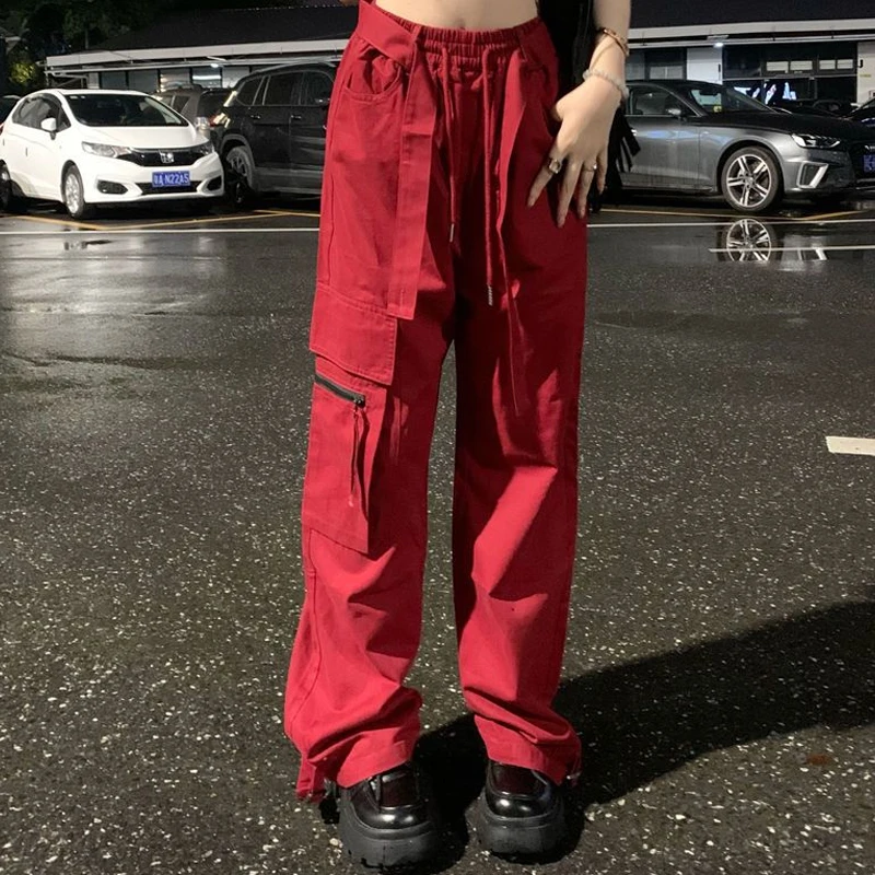 High-waisted Cargo Pants Vintage Red Pants for Women Loose Casual Trousers Y2k Streetwear Straight Wide Leg Baggy Sweatpants