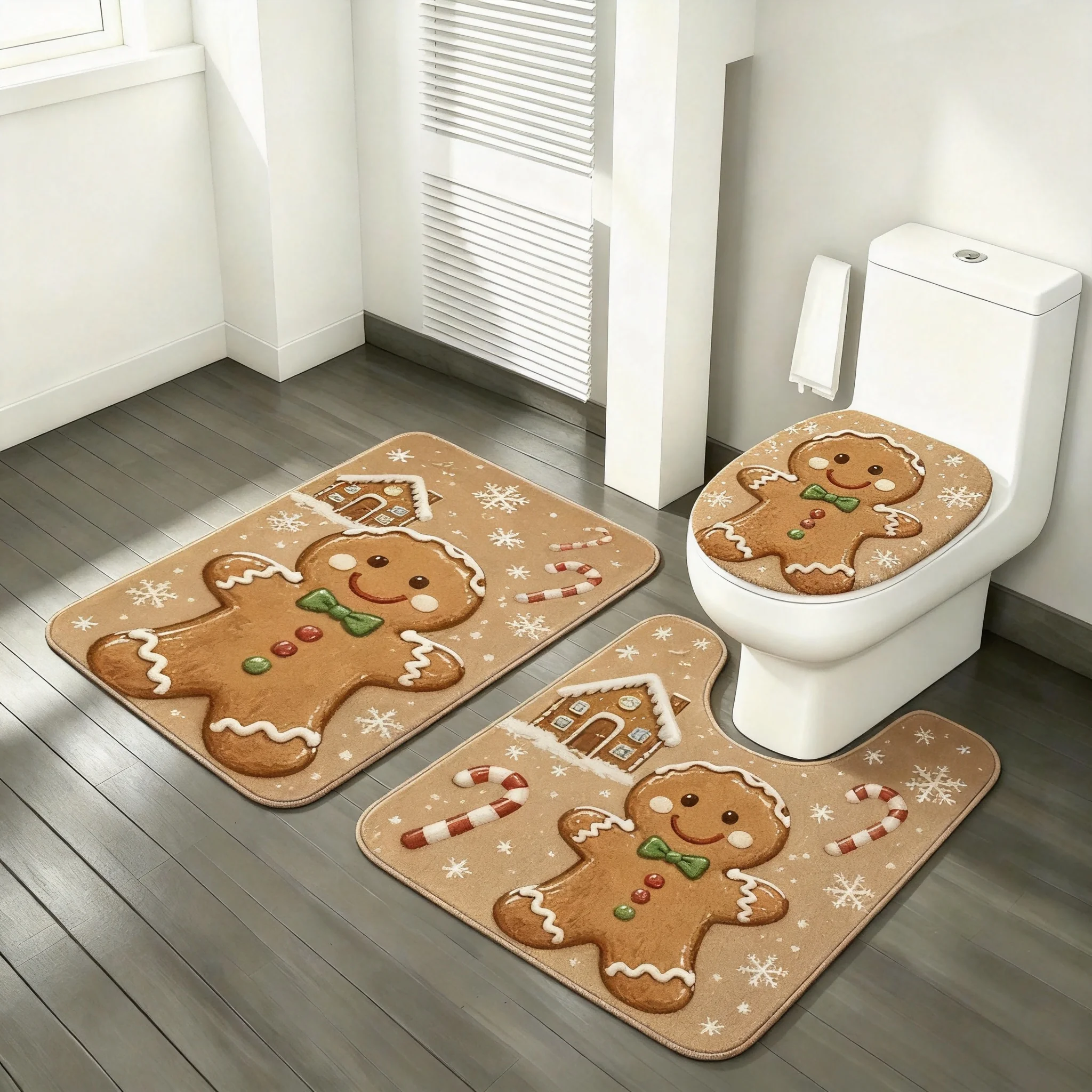 Cute Gingerbread Christmas Bathroom Rug Set, Non Slip Bath Mats for Holiday Decor