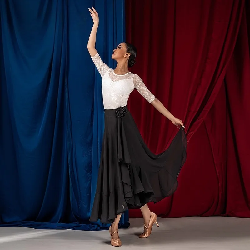 Юбка для латинских танцев Великобритании — женская юбка с воланами для бальных танцев с 3D-цветами по бокам и растяжками, элегантная стандартная танцевальная юбка на косточках