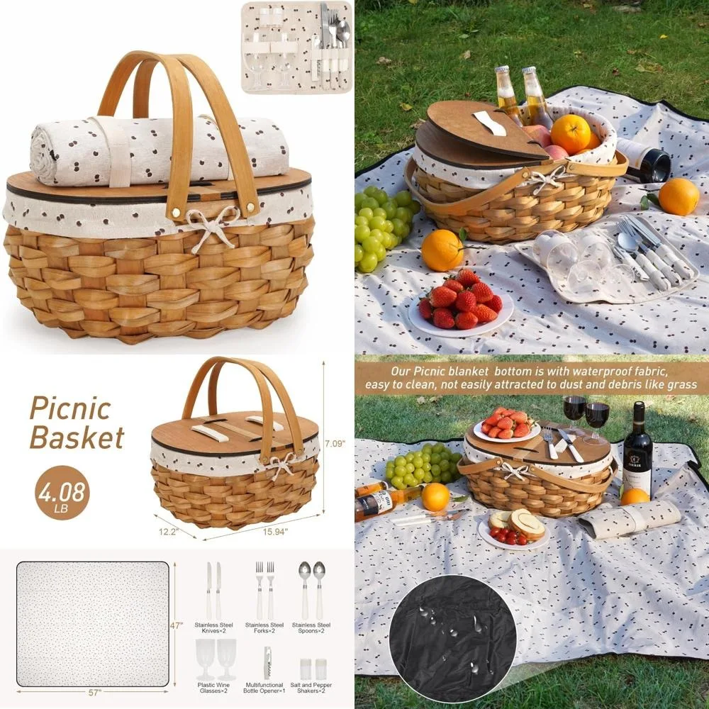 

picnic basket for 2 - picnic set with lid and handle | large picnic basket with blanket & removable liner