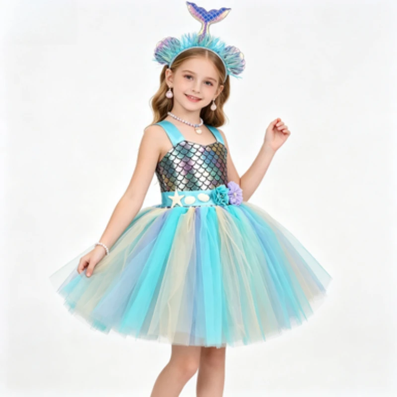 Halloween Girls Mermaid Tulle Dress,Kids Princess Costume with Accessories,Gorgeous Outfit for Children's Festival Performances