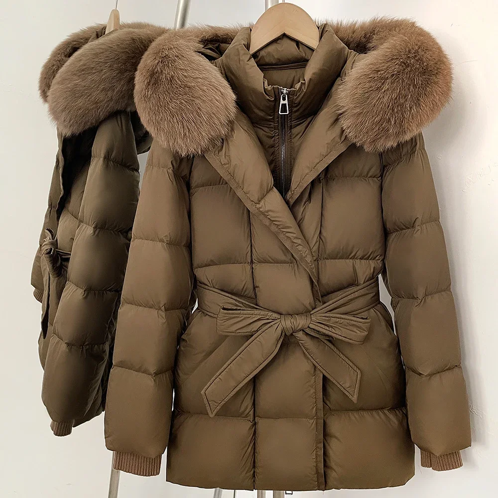 OFTBUY Damen-Winterjacke aus Entendaunen mit großem, natürlichem Fellkragen, Kapuze, Reißverschluss, Gürtel und tailliertem Schnitt, mit Fell für Damen – Detail 22