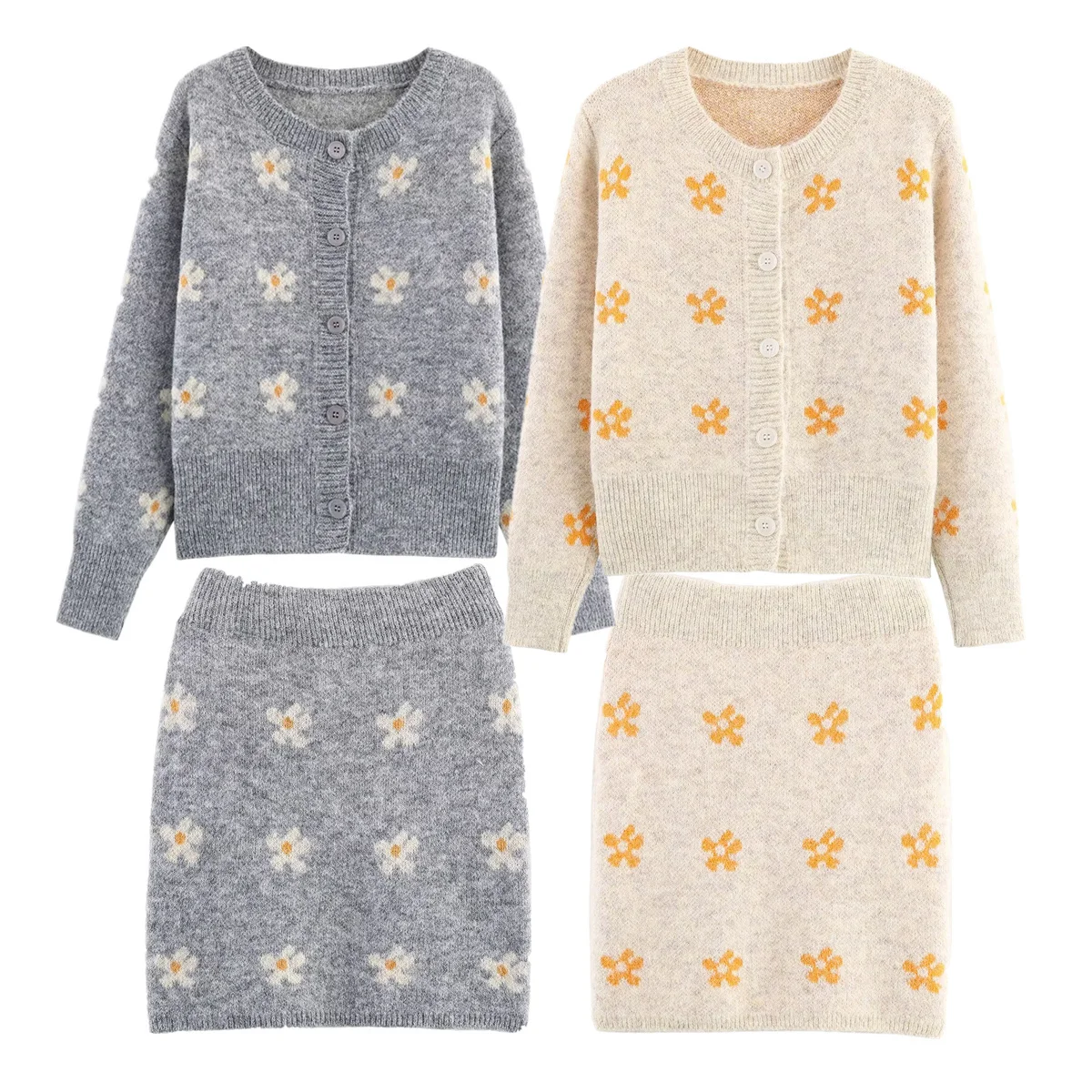 Dave&Di French Autumn And Winter Flower Jacquard Knitted Jacket Cardigans Sweaters Tops Skirt Sets Woman Clothes