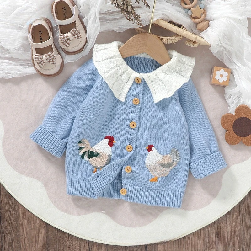 

2025 New Autumn Baby Girls Sweater Coat Cute Chicken Embroidery Lapel Infant Knitted Cardigan Jacket Toddler Kids Knitwear Tops