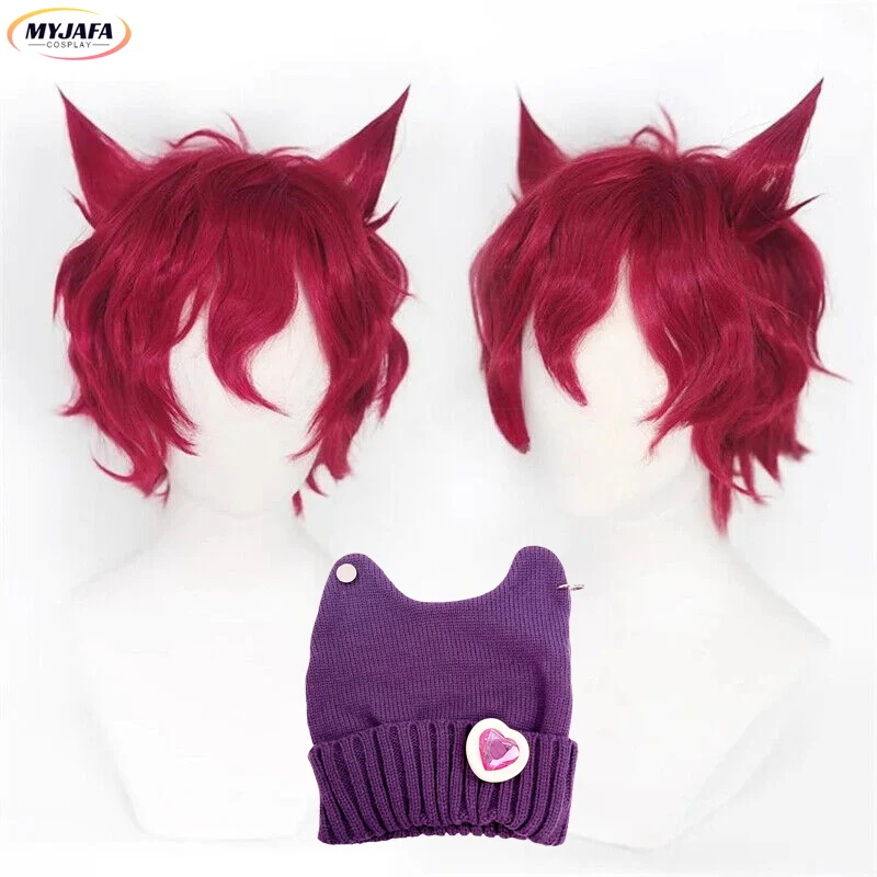 Sett Wig Cosplay permainan LOL Heartsteel Sett 30cm Wig pria merah anggur keriting pendek Wig rambut sintetis tahan panas + topi Wig