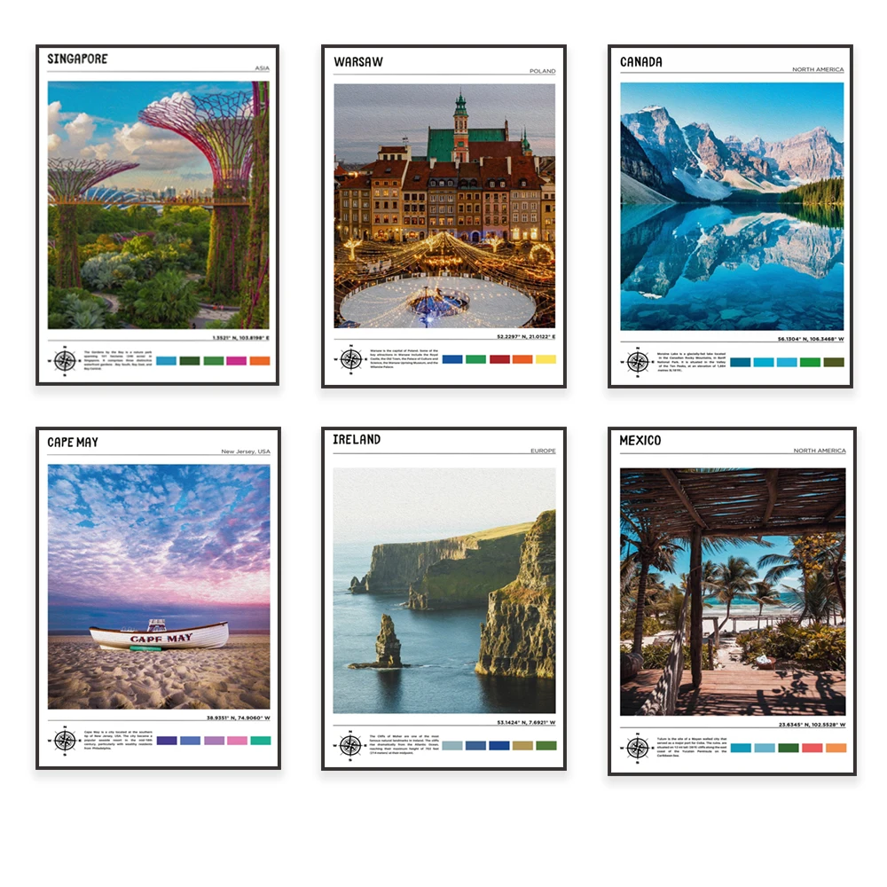 Vail, Cape May, Acadia, Ireland, Big Sur, Germany, Singapore, Japan, Thailand, Copenhagen, Canada, London, Warsaw travel posters