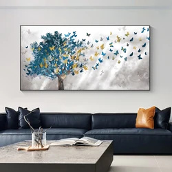 Abstract Blue Trees and Butterfly Canvas Painting Poster and Prints, Nordic Pictures for Living Room, Home Wall Art, Decorative