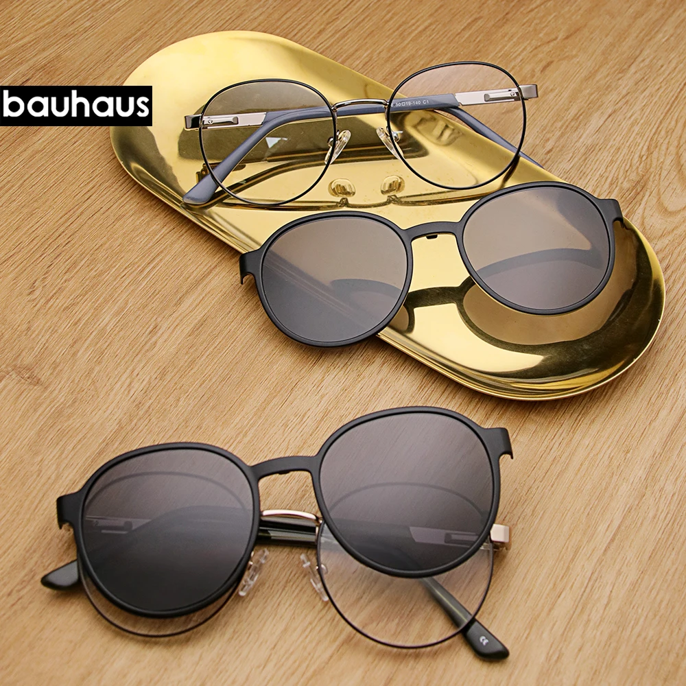 X306 Two-Tone Round Metal Eyeglasses Frame 2IN1 Magnetic Clip On Polarized Sunglasses UV400 Men Women Myopia Prescription Drivin