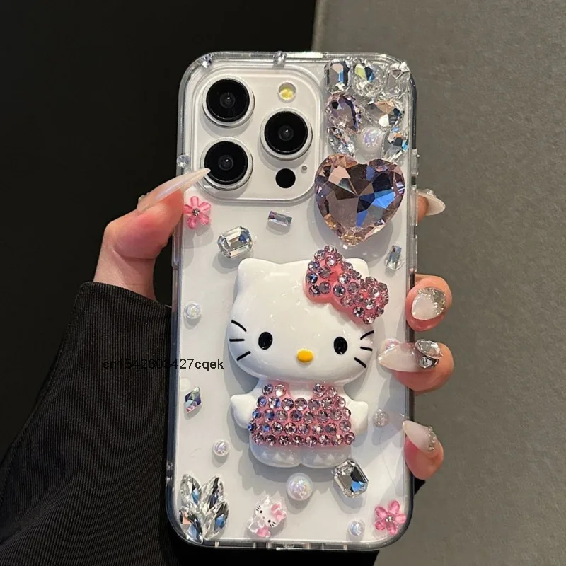 Sanrio Hello Kitty Women 3D Glitter Rhinestone Cartoon Luxury Phone Case For Iphone 16 15 14 13 12 11 Promax Niche Phone Cover