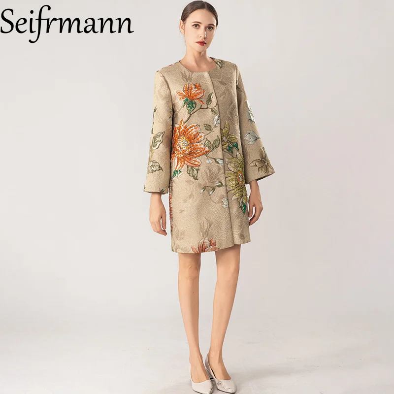 Seifrmann Spliced ​​beaded jacquard coat round neck long sleeve coat 2026 autumn fashion women's new style