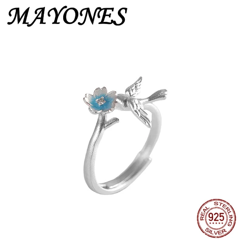 

New 990 Silver Sandblasting Unique Design Magpie Plum Blossom Ring Female Fashion Adjustable Jewelry Gift