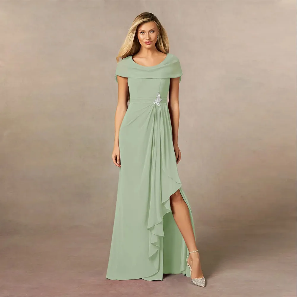 

Yolanda Women's Wedding Party attire Modest Cape Sleeves A-Line Ruffles Side Slit Chiffon Dress Mother of the Bride Dresses 2026