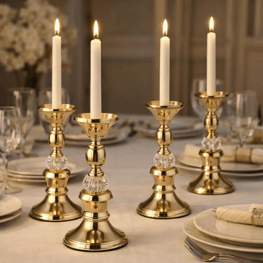 Europäischer Stil Gold Metall Säulen-Kerzenhalter Rutschfester Boden Vintage Kerzenständer Verschiedene Größen Tisch-Kerzenhalter Hochzeit