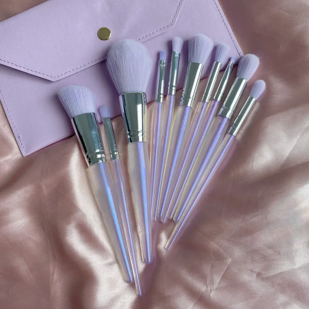 Pinceau de maquillage professionnel en cristal violet avec sac, fard à barrage, poudre, fond de teint, sculpture, surligneur, 10 pièces