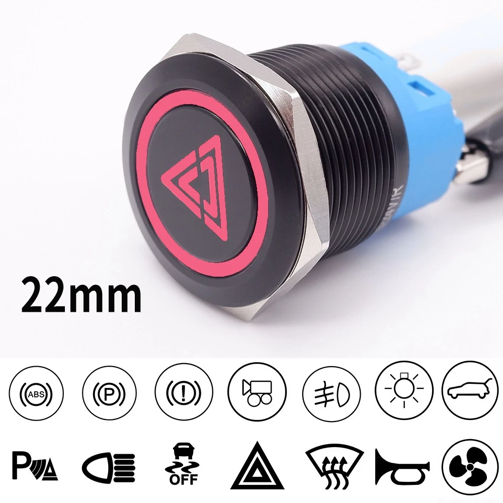 22mm Black Oxide Metal Push Button Switch Custom Made Waterproof Flat Head Car Power Icons 1NONC Self-Reset Self-locking 12V