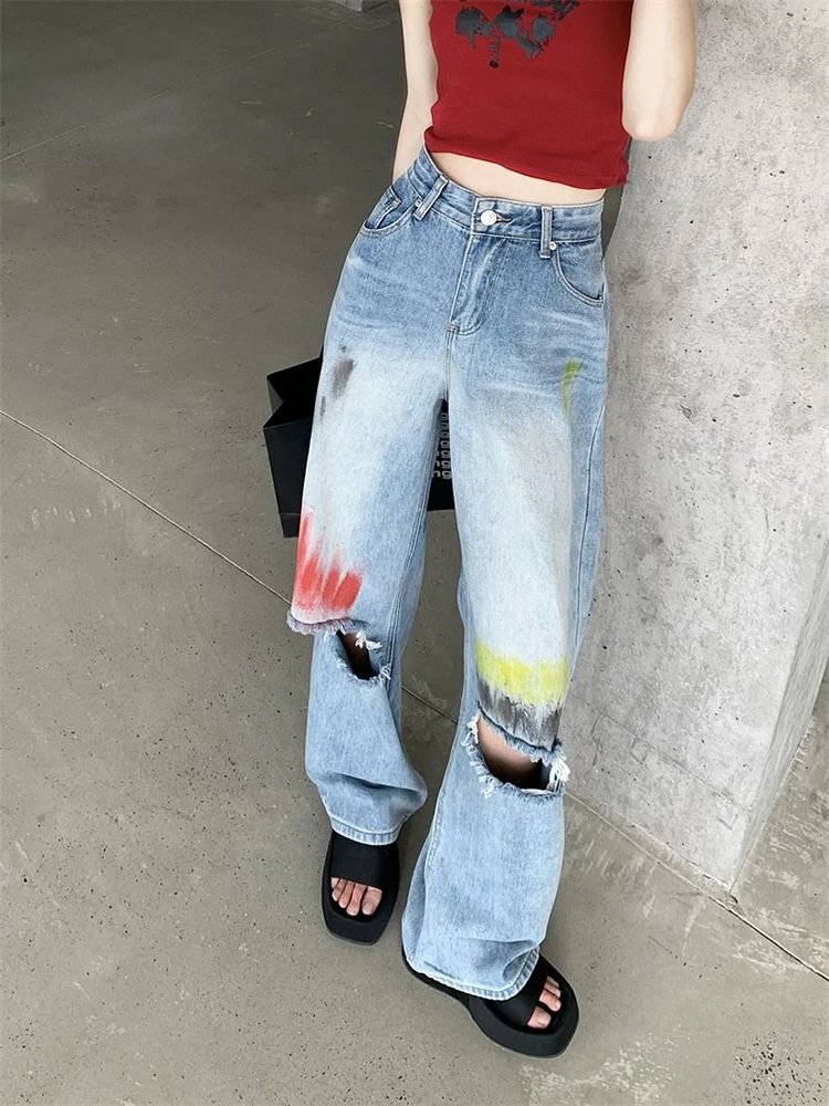 Jmprs Retro Hole Design Jeans Women Painted High Waist Streetwear Denim Pants Hip Hop Harajuku American Loose Bf Trousers New