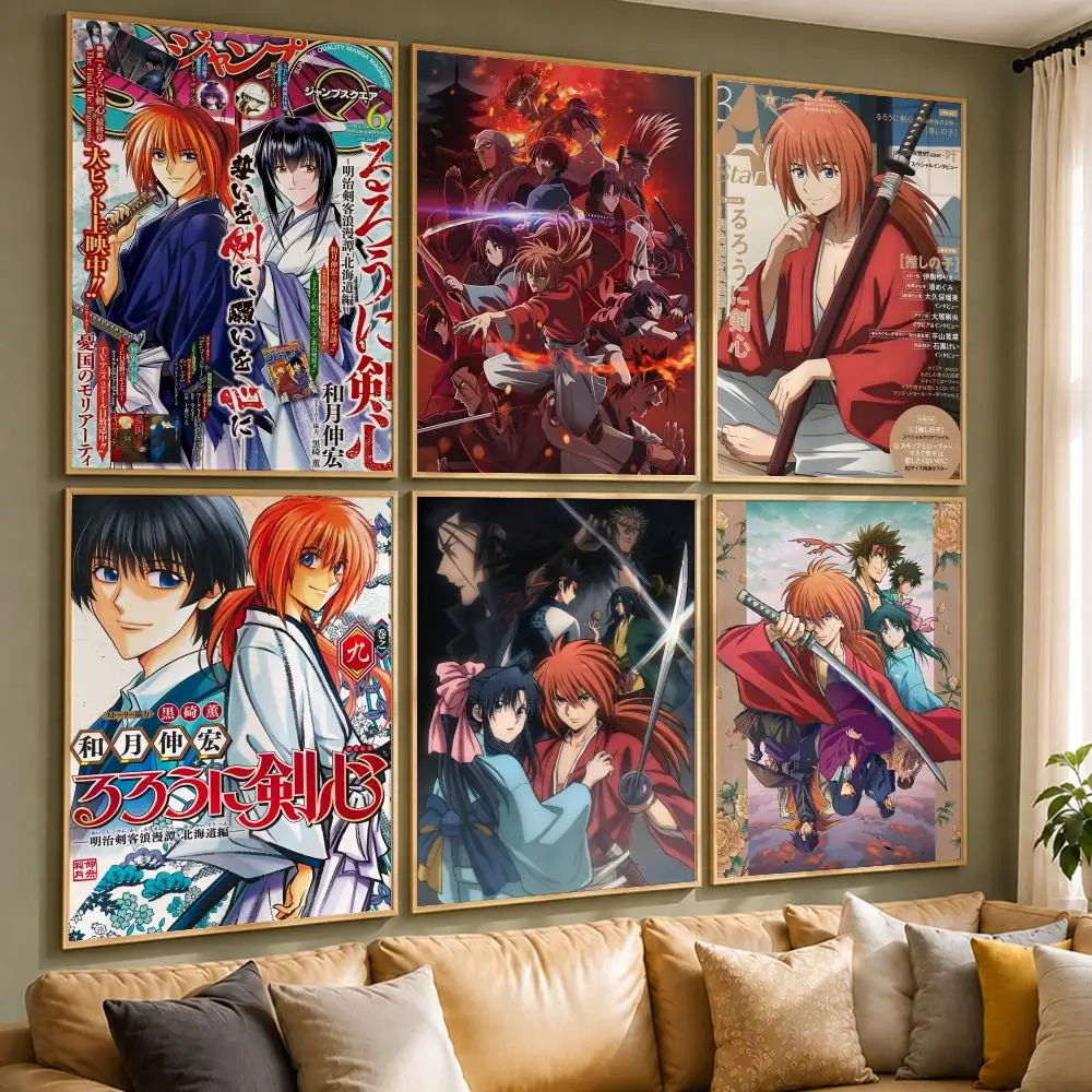 Classic Anime R-Rurouni KenshinS Poster Vintage Retro Anime Poster Stickers Peel and Stick Wall Art Home Decor