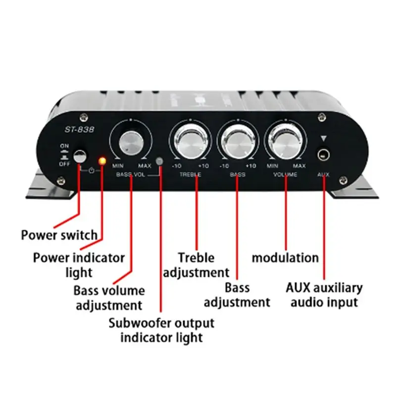 B31B Mini Digital Power Audio Car Amplifier, Blue Light Stereo Amplifier, 200W X2 for Home Theater Club Party, Silver Durable