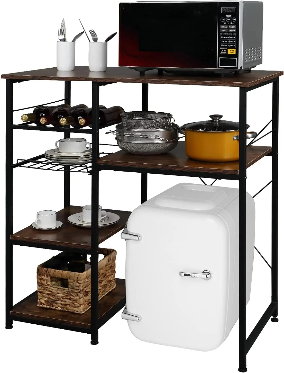 

Bakers Racks For Kitchens With Storage Mini Fridge Stand Bar Cabinet With Mini Fridge Space, Big Drawer, Wine Rack, Metal Frame