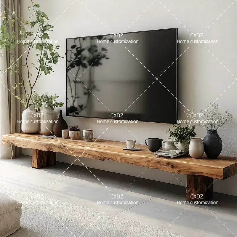 Wabi Sandy Wind Log TV Cabinet Simple Solid Wood Floor Cabinet One-word Bench Irregular Retro Decorative Storage Unit