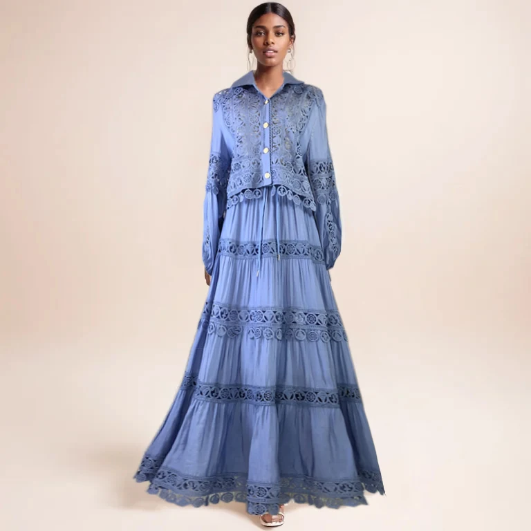 

2025 Heavy Industry Premium Lace Splicing Hollow out Collar Extended Skirt f Skirt Set Long Sve Button Closure Polyeste...