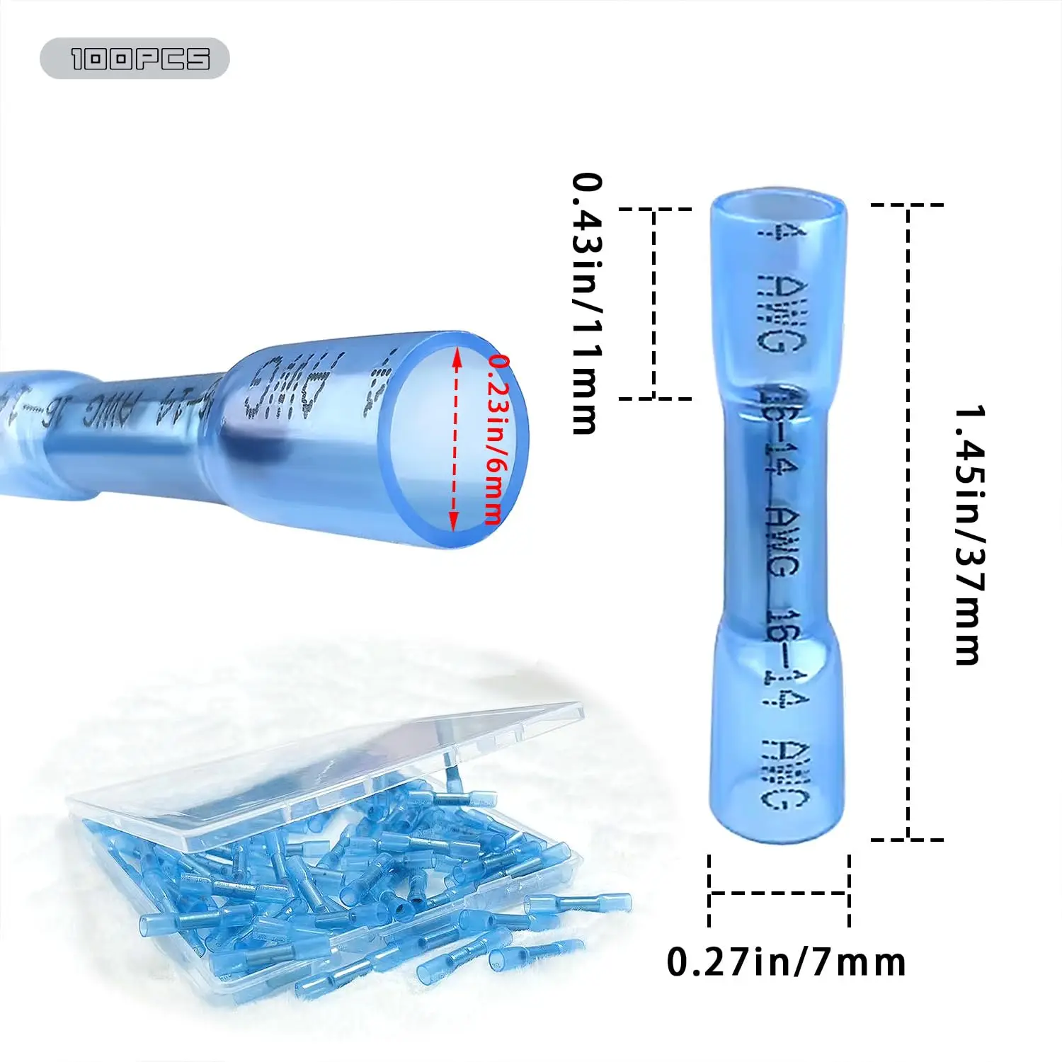 100Pcs Blue Heat Shrink Butt Wire Connectors 16-14 AWG Insulated Waterproof Electrical Crimp Splices for Truck Automobile