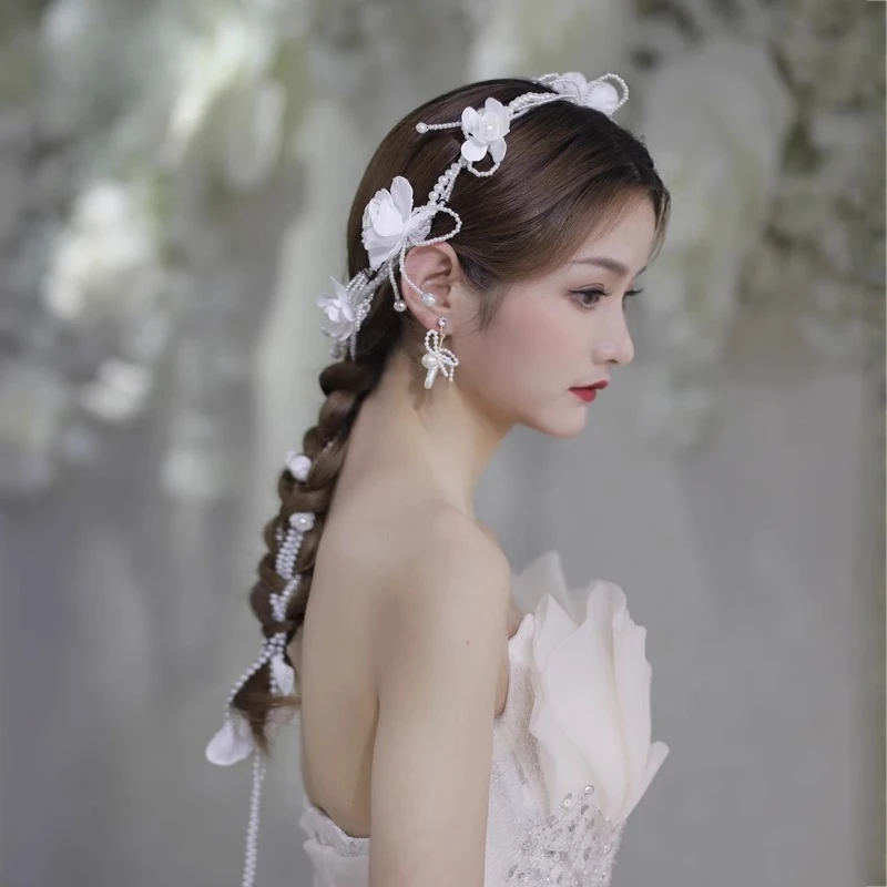 

Pearl Hairband Women Tied Hair Korean Style Floral Hair Braided Chain Wedding Dress Hair Accessories Bride Headdress
