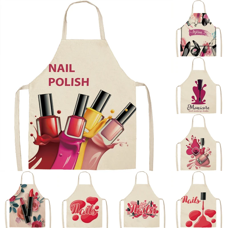 Nail Polish Printed Aprons Pink Nail Polish Sleeves Cotton Linen Aprons Adult Child Home Kitchen Aprons