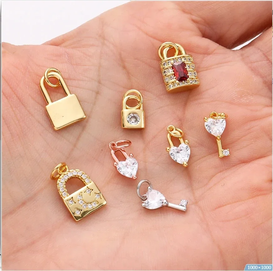 Cute Heart Key Lock Charms for Jewelry Making Supplies Accessories Diy Necklace Bracelet Jewelry Charm Copper CZ Zircon Pendant