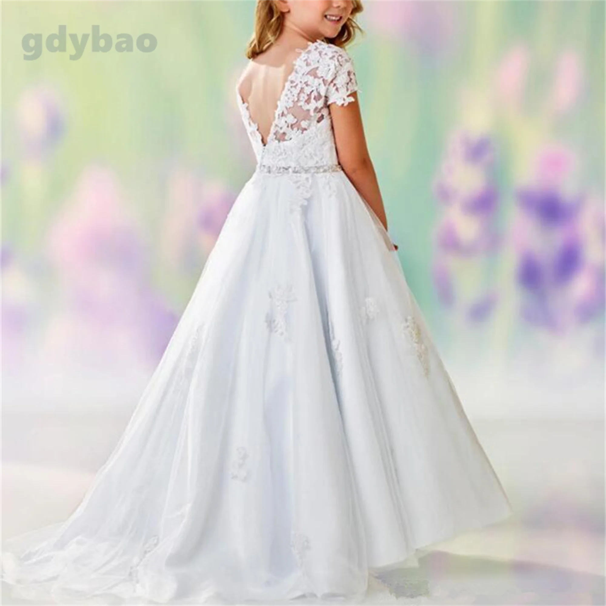 

A-line Appliques Lace Cap Sleeve Flower Girl Dresses Beaded Waistline First Communion Dress Tulle Children Wedding Party Gowns