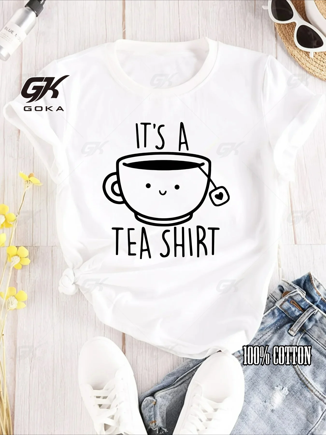 Minimal Line Drawing Happy Tea Cup & Pun Slogan Print Unisex Clothes Tops T Shirt, Humorous Tea Addict Short Sleeve Tee Tops